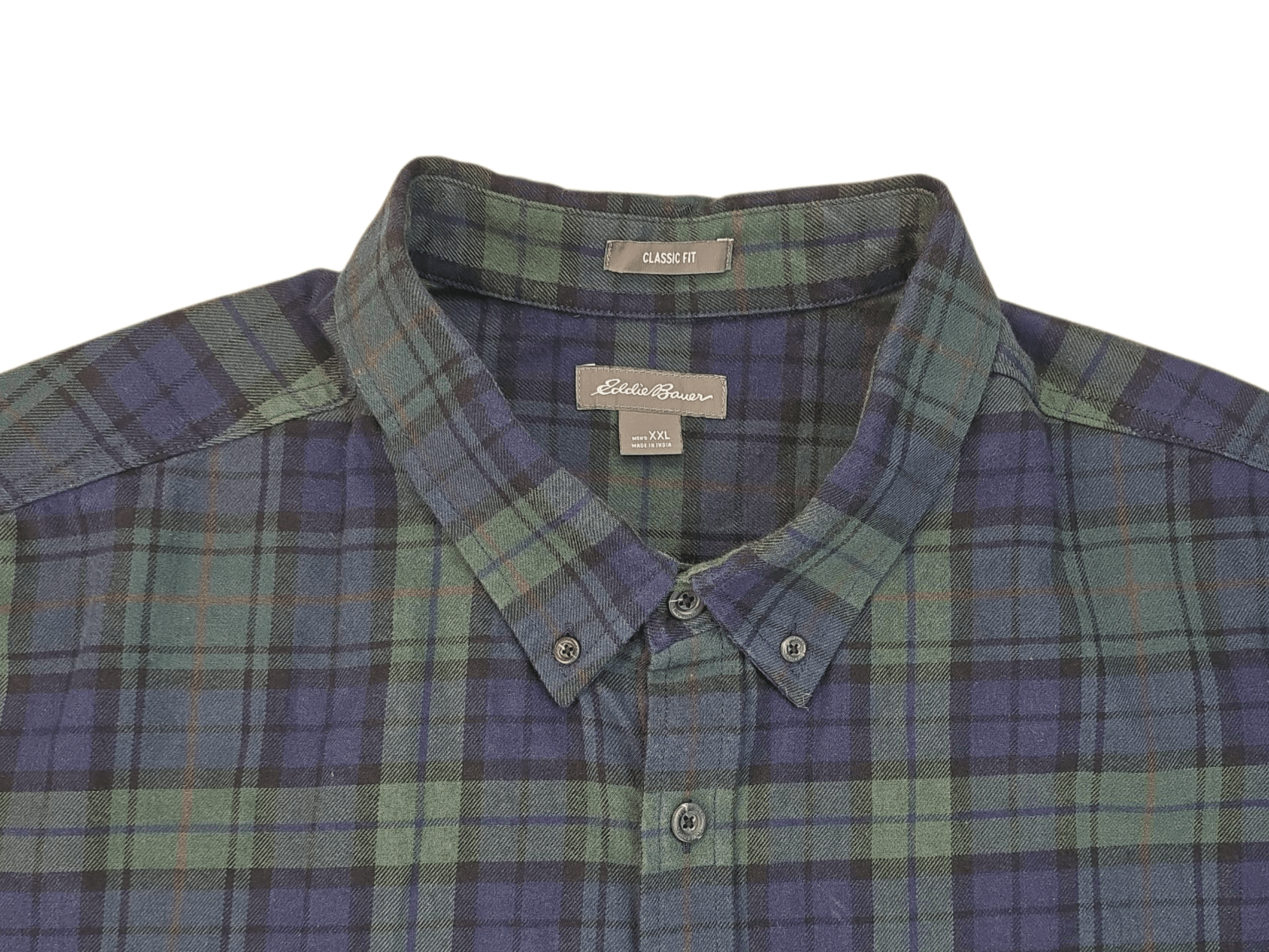 Eddie Bauer Close-up of a green and blue plaid button-up shirt collar.