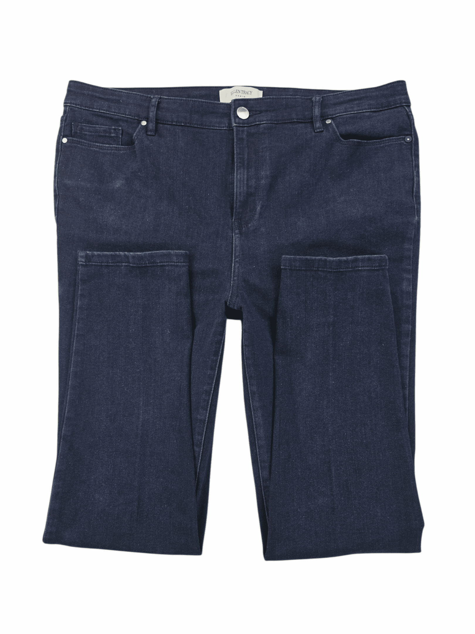 A pair of dark blue jeans with a classic design.