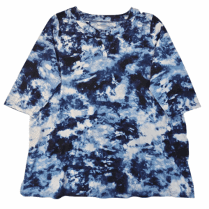 Blue and white tie-dye T-shirt with short sleeves.