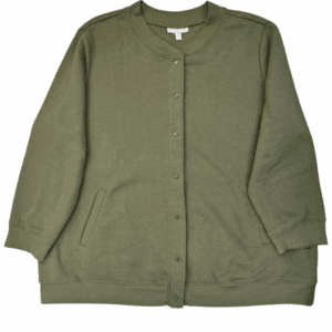 Olive green button-up cardigan with long sleeves.