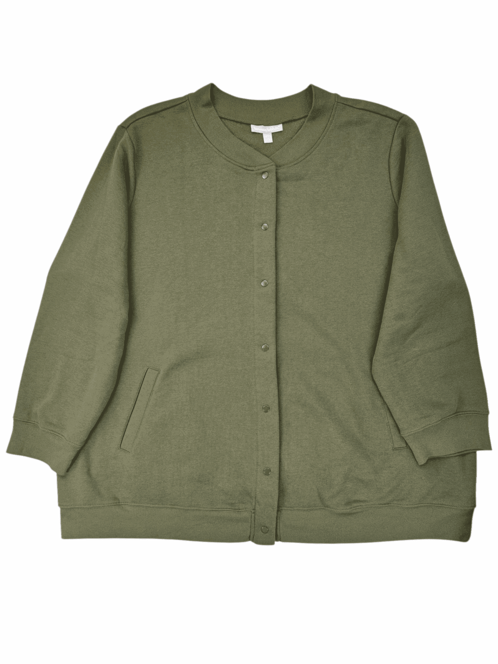 Olive green button-up cardigan with long sleeves.