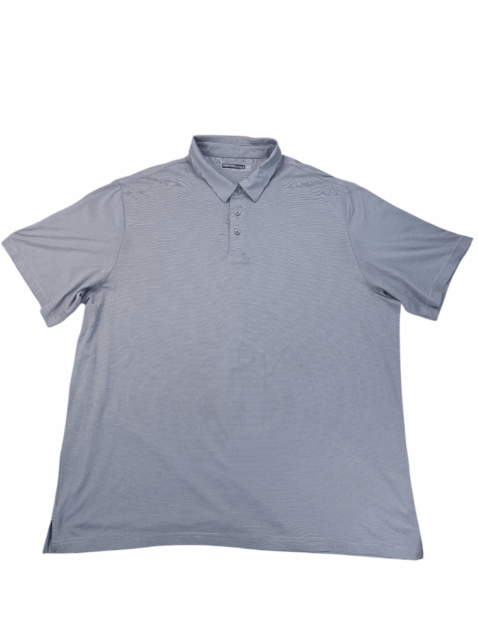 Gray and white striped polo shirt with a collar and buttons.