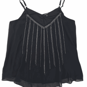 Black sleeveless top with decorative silver chains.