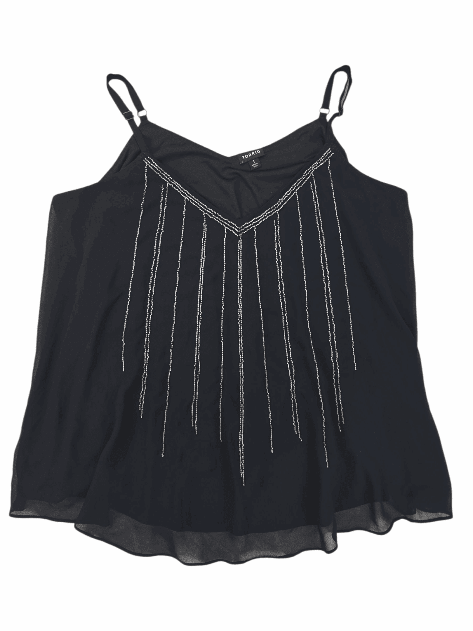 Black sleeveless top with decorative silver chains.
