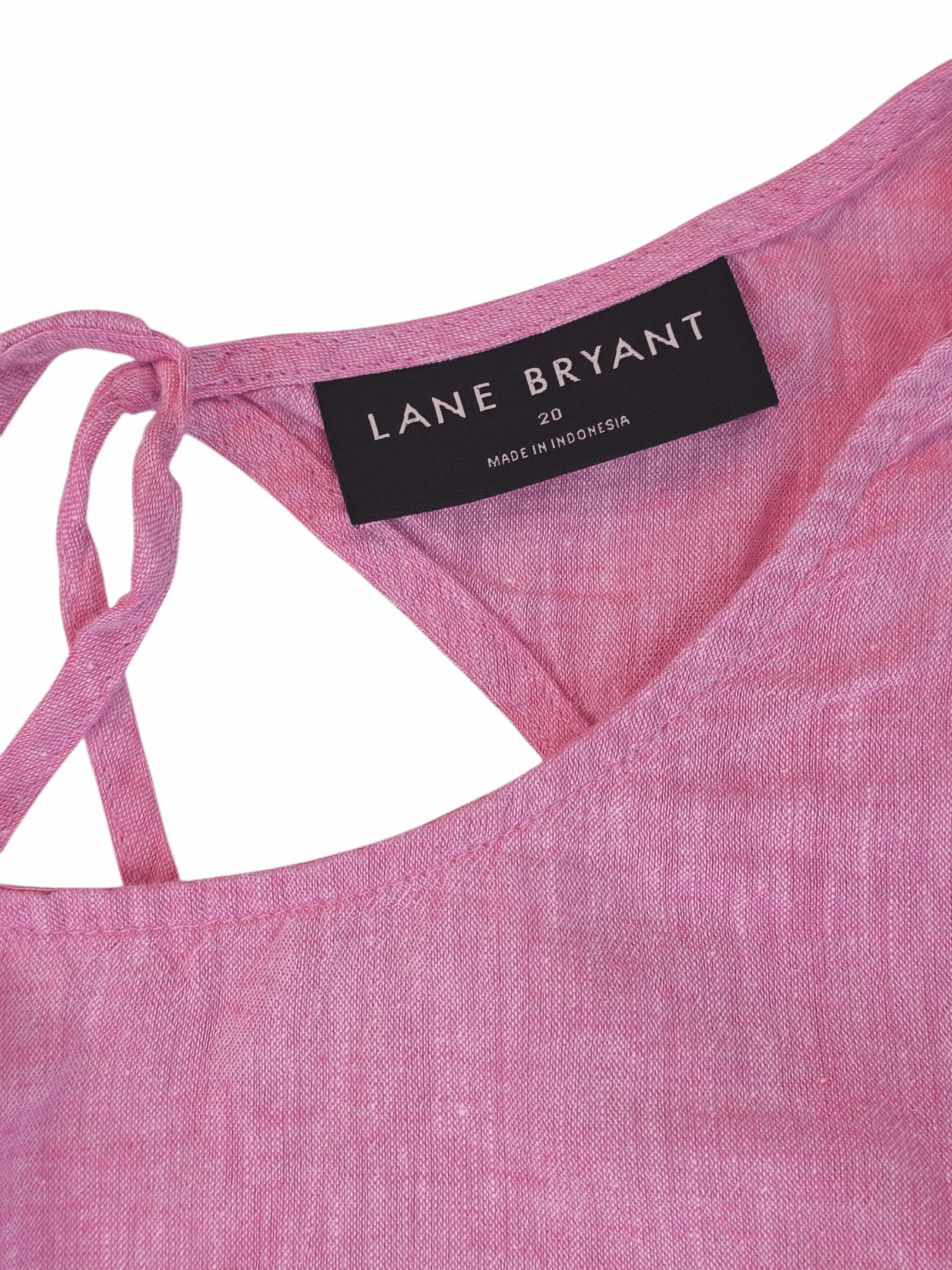 Lane Bryant brand and size tag on pink linen blend flutter sleeve peplum top in women’s size 20.