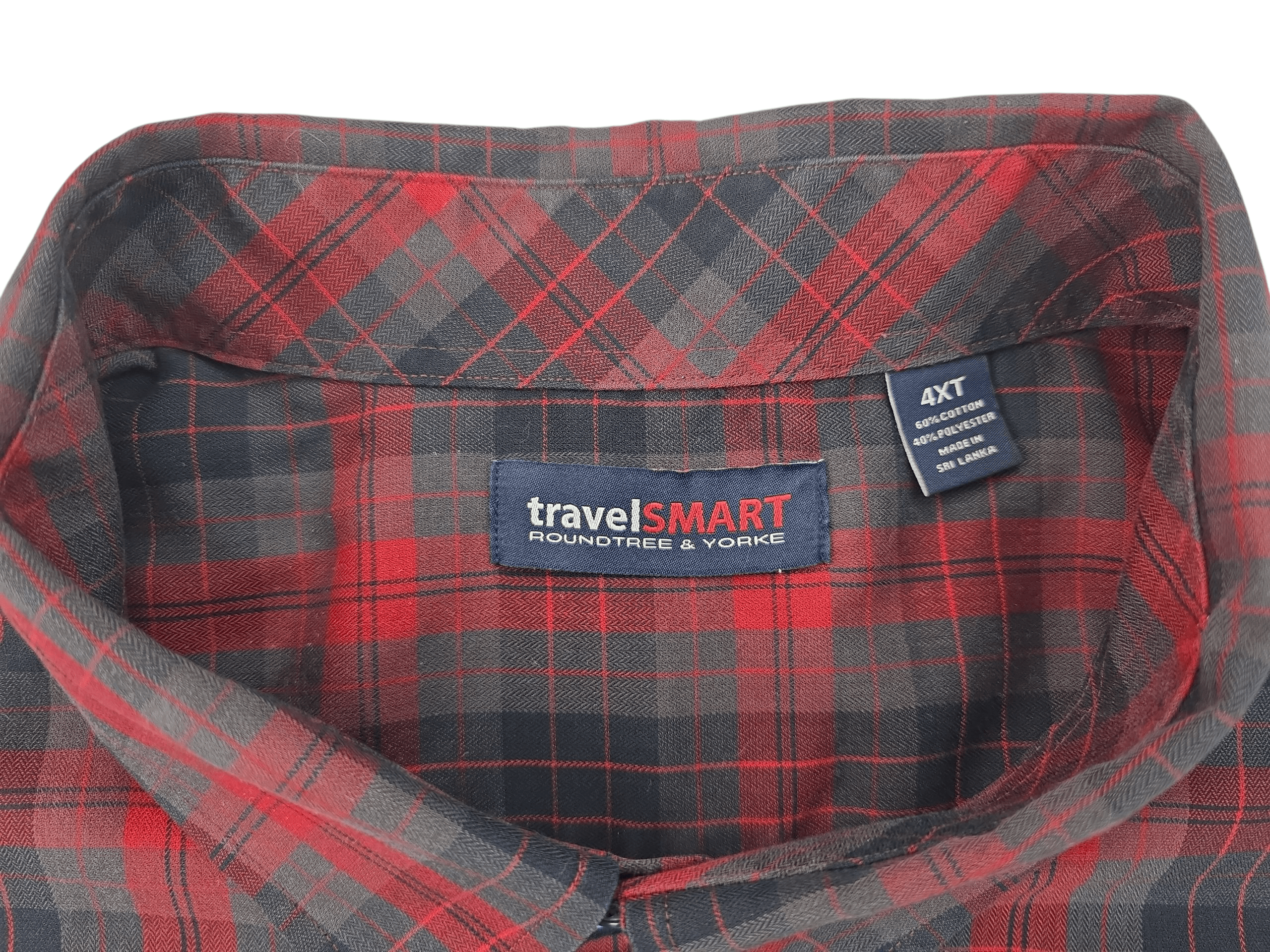 Close-up of a red and black plaid travelSMART shirt label.