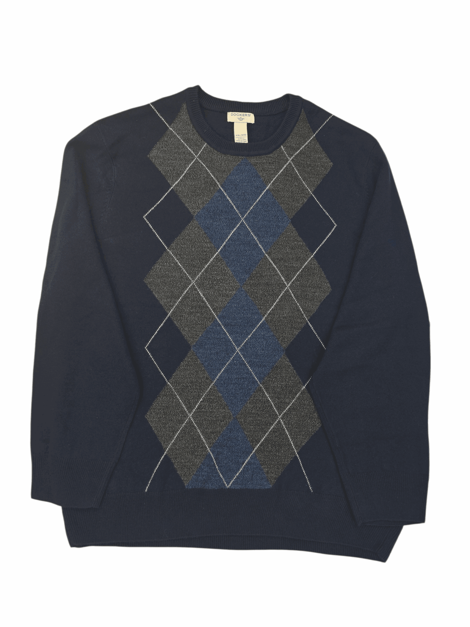 Front view of Dockers navy argyle crew neck sweater in men’s size XXL (NWT) showing classic diamond pattern and ribbed trim.
