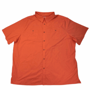 Bright orange short-sleeve button-up shirt with a collar.