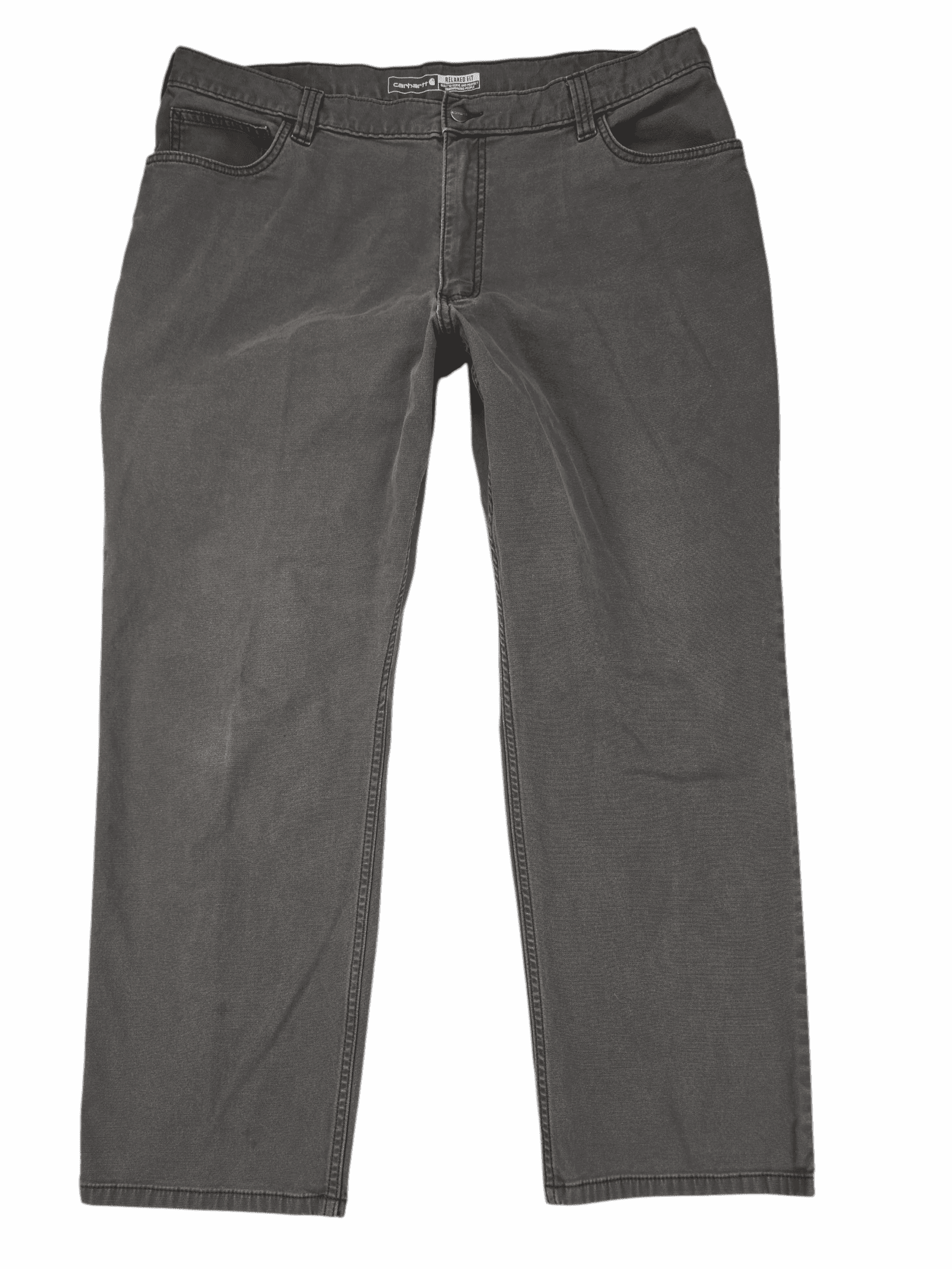 Gray straight-leg pants laid flat on a white background.