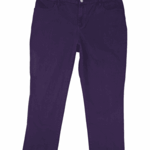 A pair of dark purple pants against a white background.