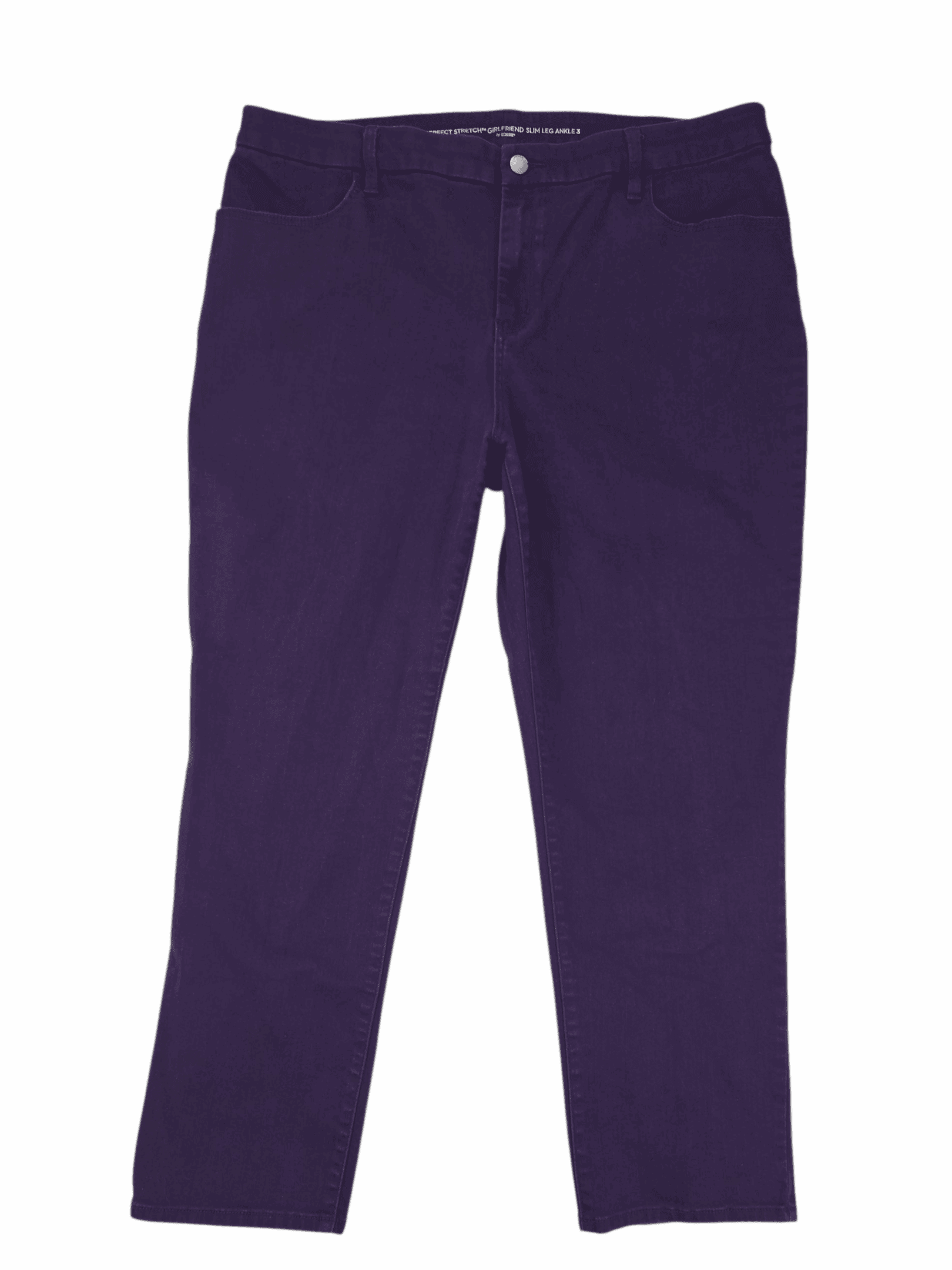 A pair of dark purple pants against a white background.