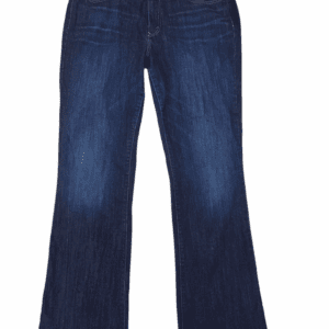 A pair of dark blue denim jeans with a slight flare at the bottom.