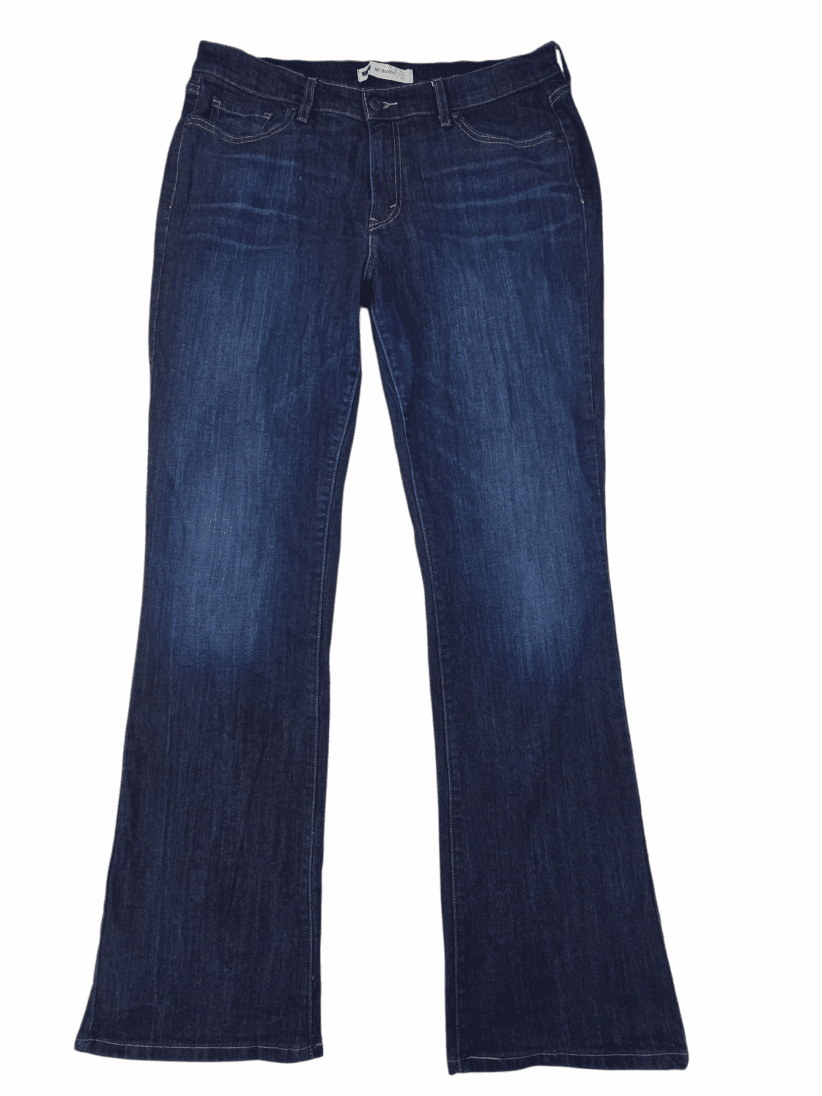 A pair of dark blue denim jeans with a slight flare at the bottom.