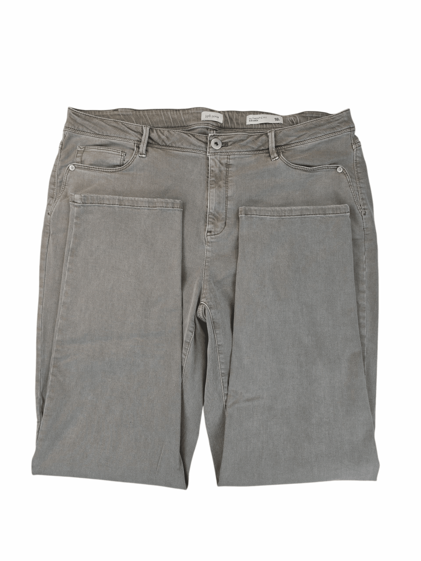 Close-up of green denim fabric and stitching on J. Jill Authentic Fit slim ankle jeans size 18T