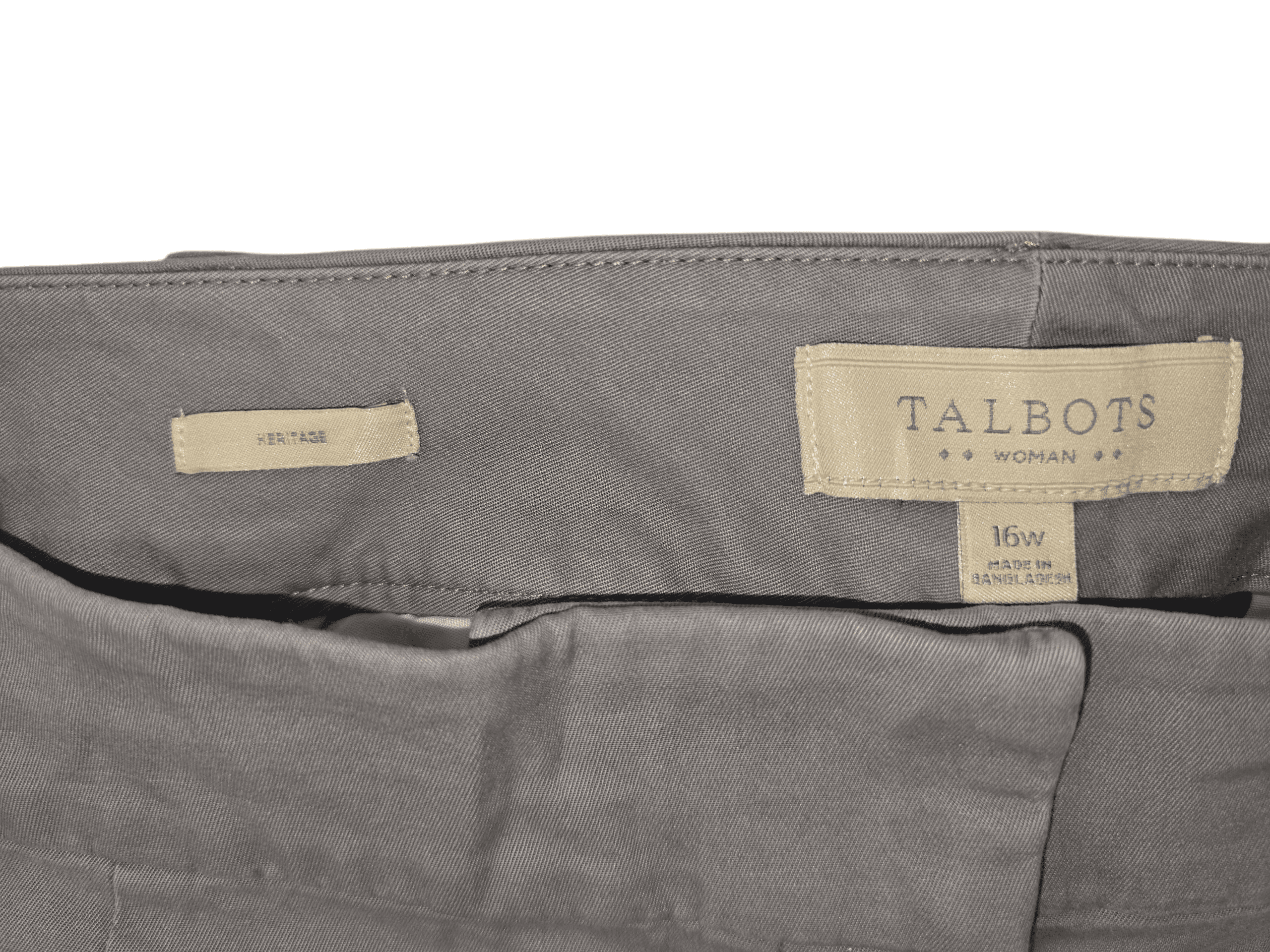 Close-up of Talbots pants label showing size and fabric details.