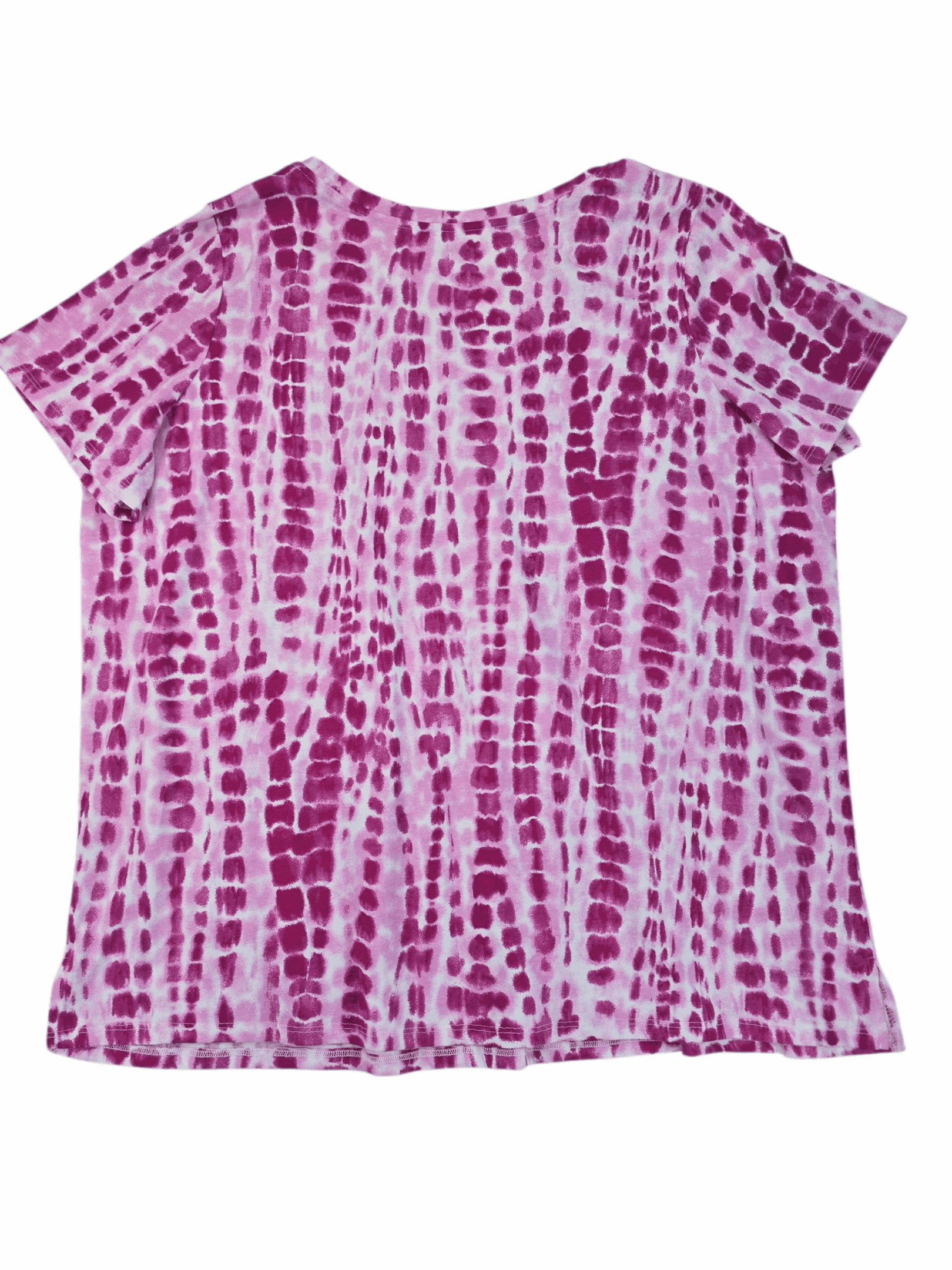 Purple and white tie-dye short sleeve shirt.