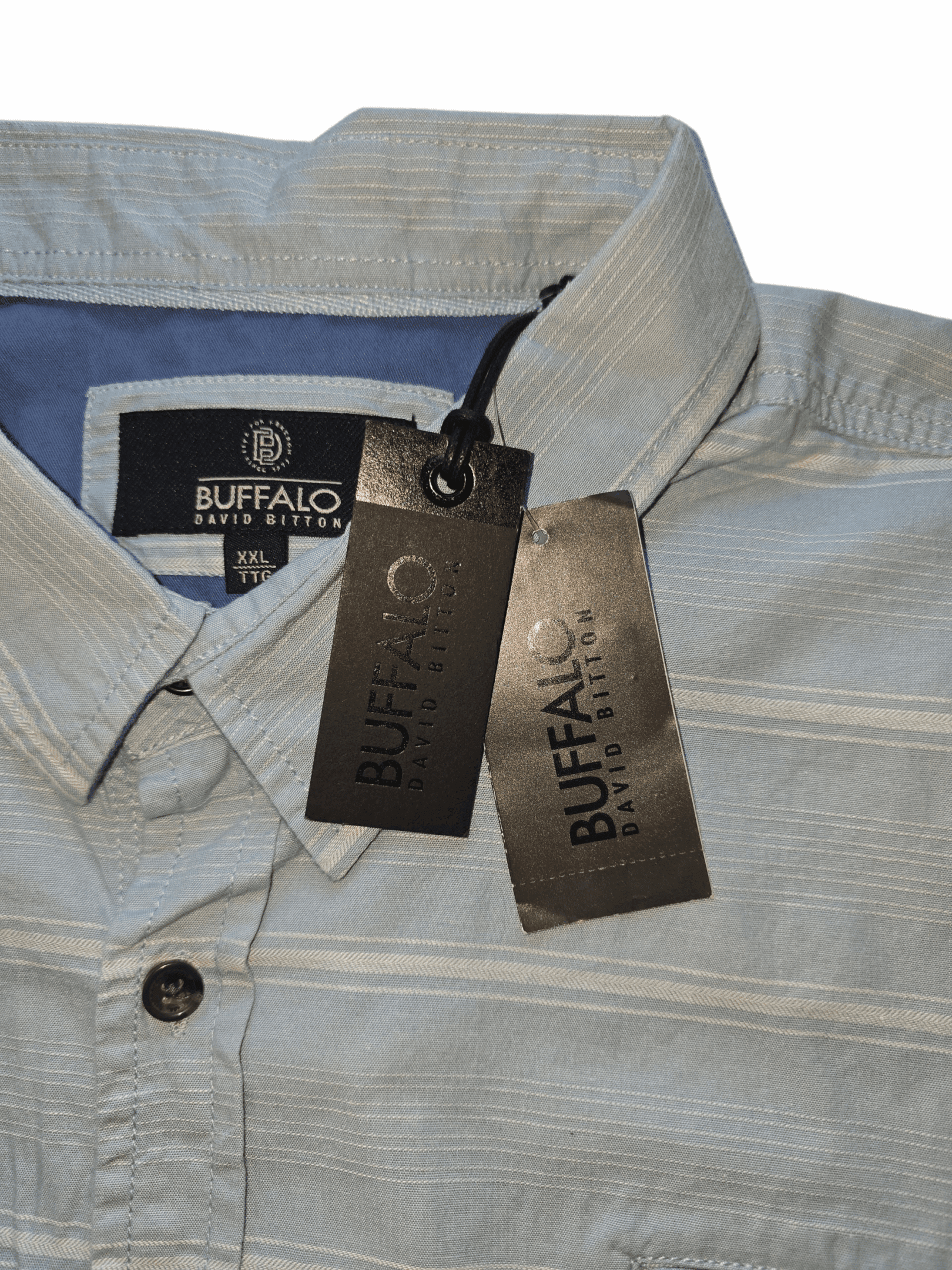 Close-up of a light blue Buffalo David Bitton shirt with tags attached.