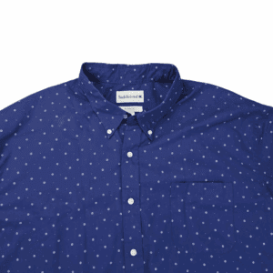 Close-up of Saddlebred blue classic fit short sleeve button-up shirt showing collar, buttons, and fabric texture