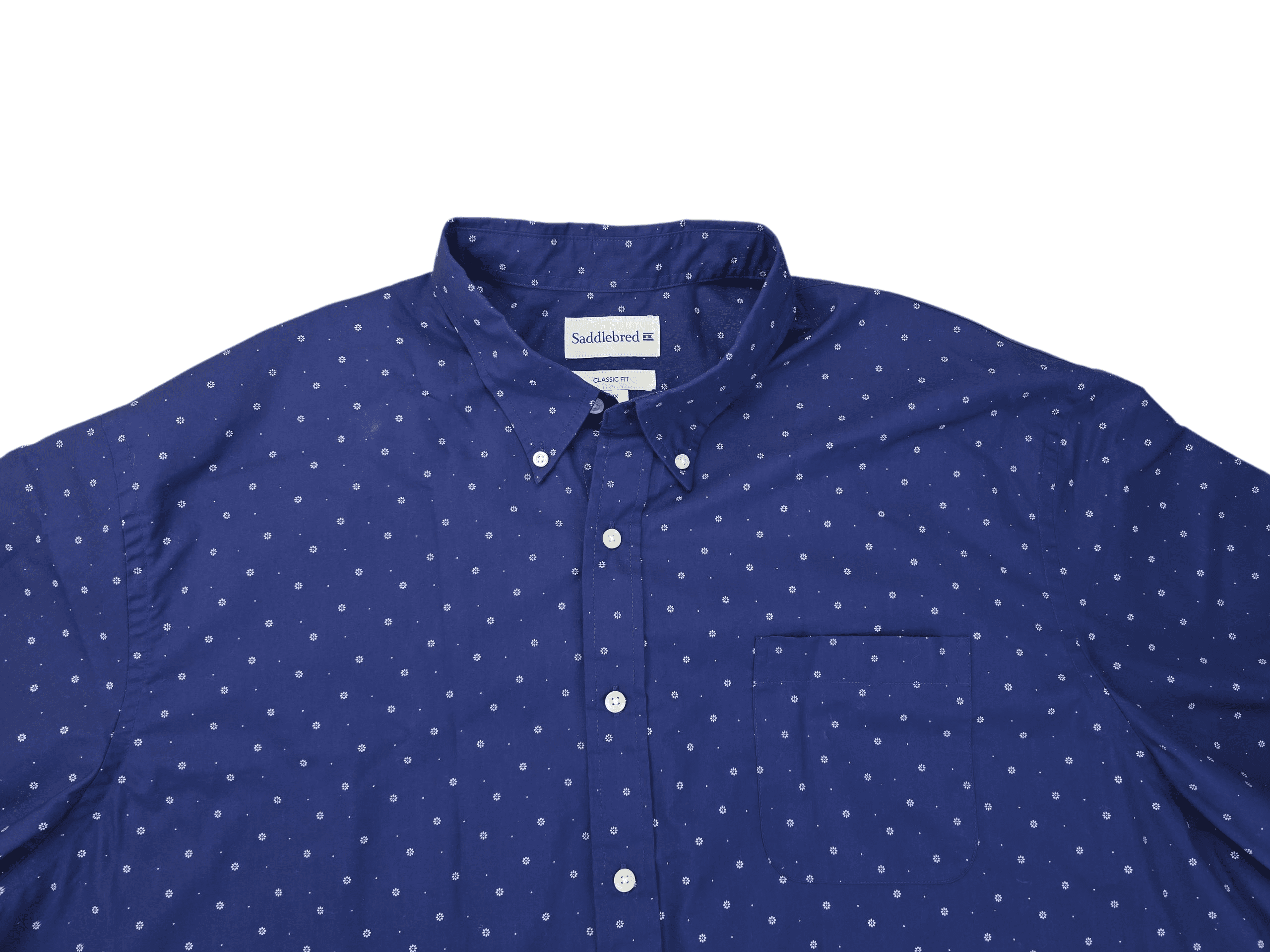 Close-up of Saddlebred blue classic fit short sleeve button-up shirt showing collar, buttons, and fabric texture