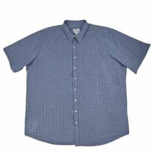 Front view of True Nation green and blue checked short sleeve shirt in men’s size 4XLT showing button front, collar, and chest pocket.