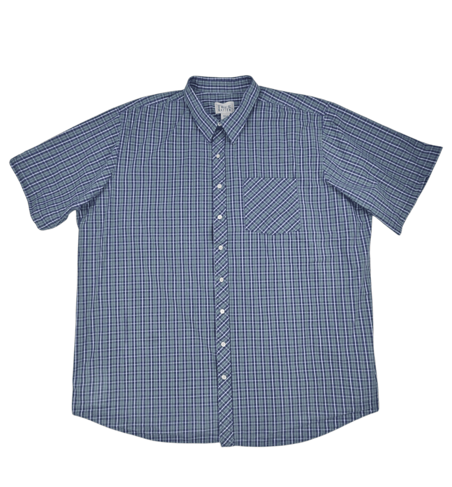 Front view of True Nation green and blue checked short sleeve shirt in men’s size 4XLT showing button front, collar, and chest pocket.