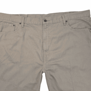 A pair of gray pants laid flat showing the front side.