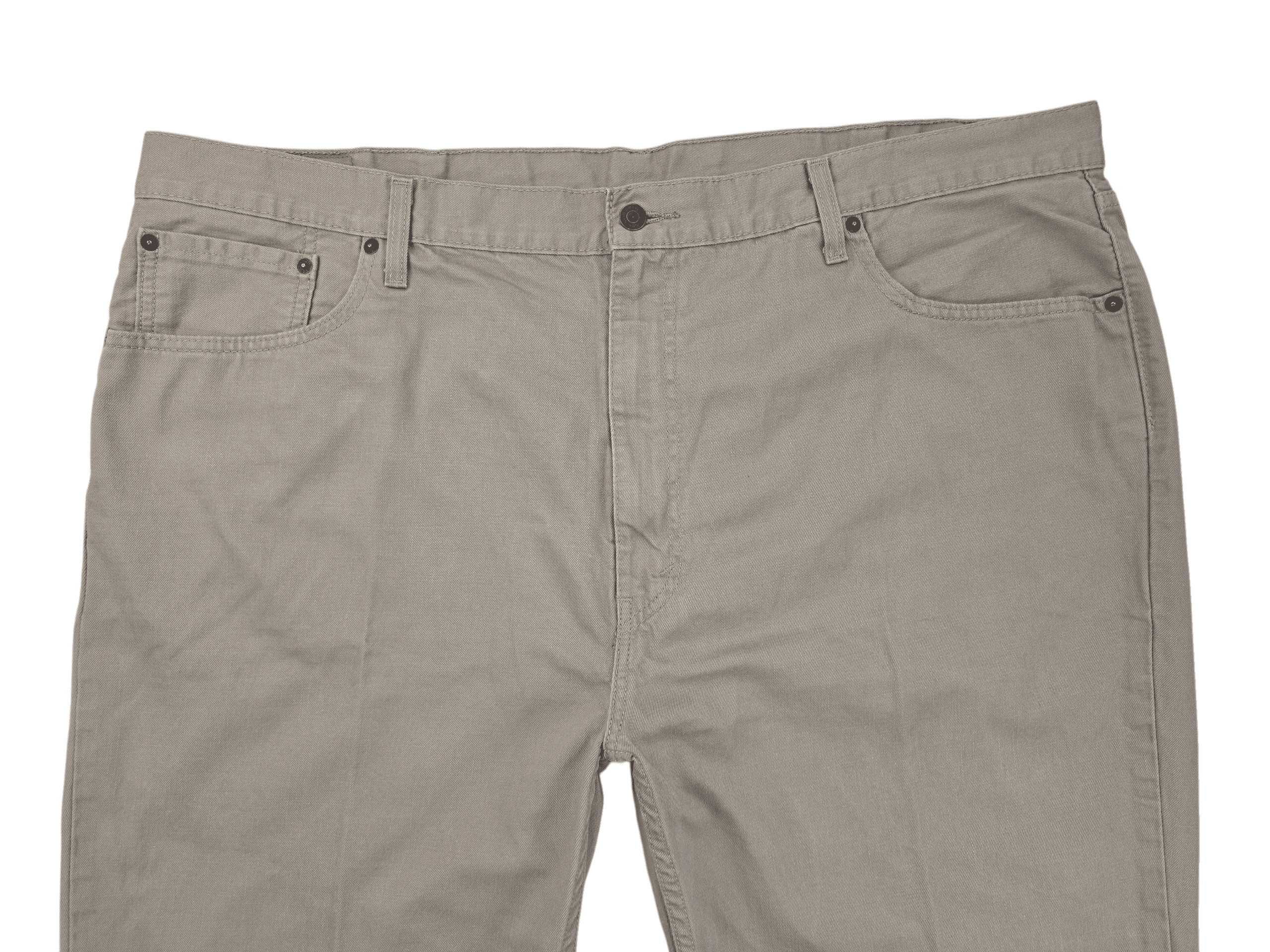 A pair of gray pants laid flat showing the front side.