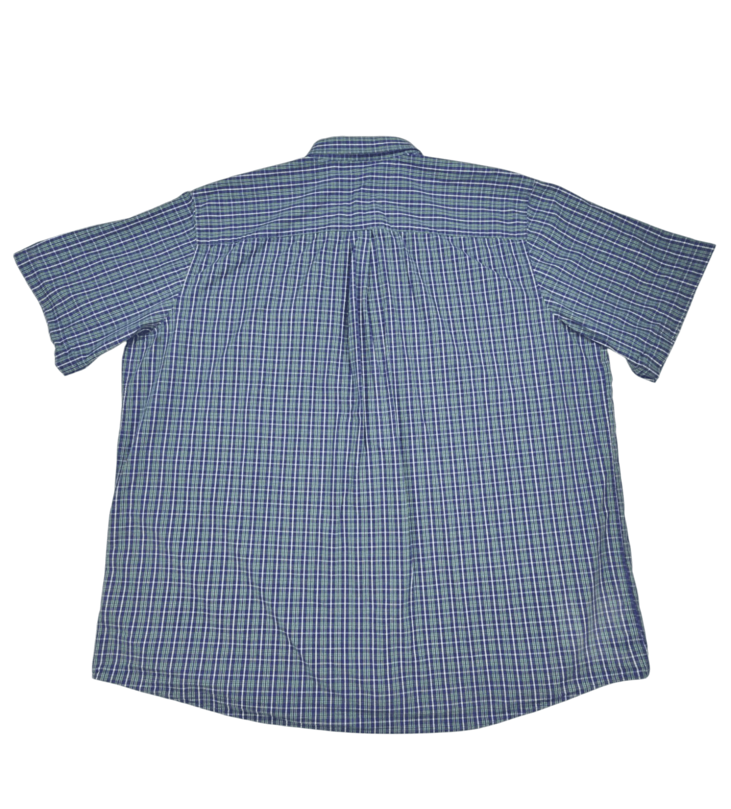 Back view of True Nation green and blue checked short sleeve shirt showing yoke seam and full check pattern.