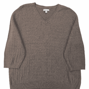 Cozy brown knit sweater with a V-neck and 3/4 sleeves.
