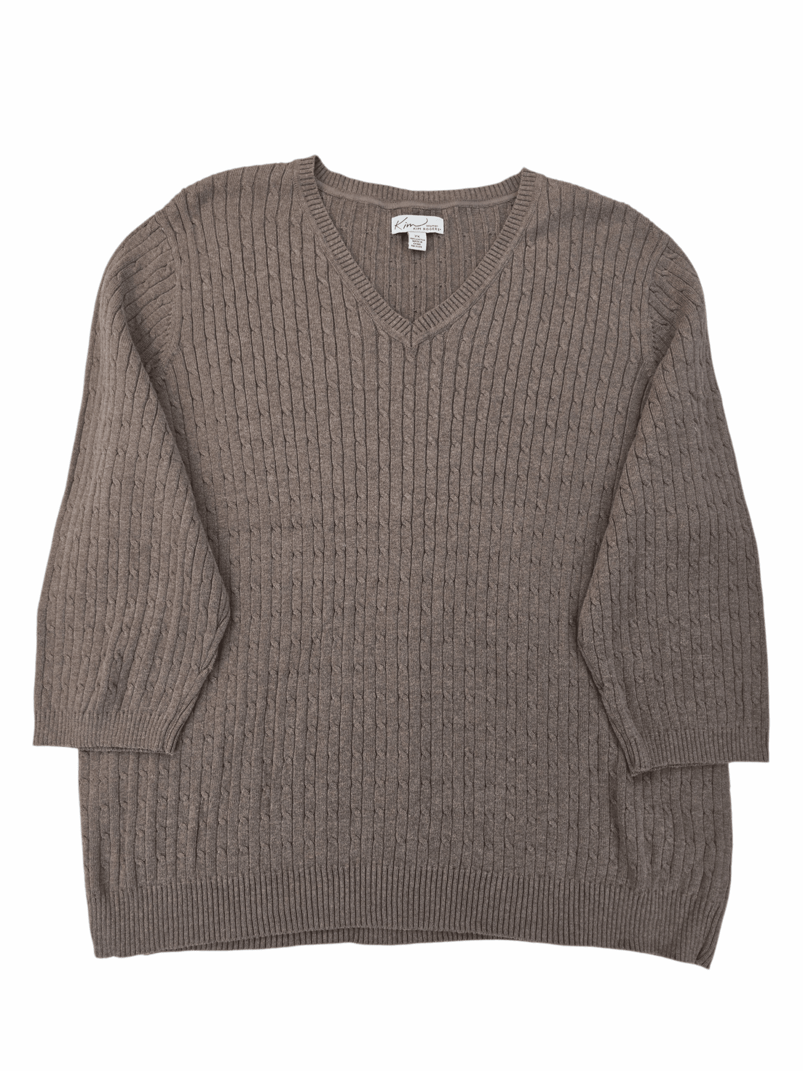 Cozy brown knit sweater with a V-neck and 3/4 sleeves.