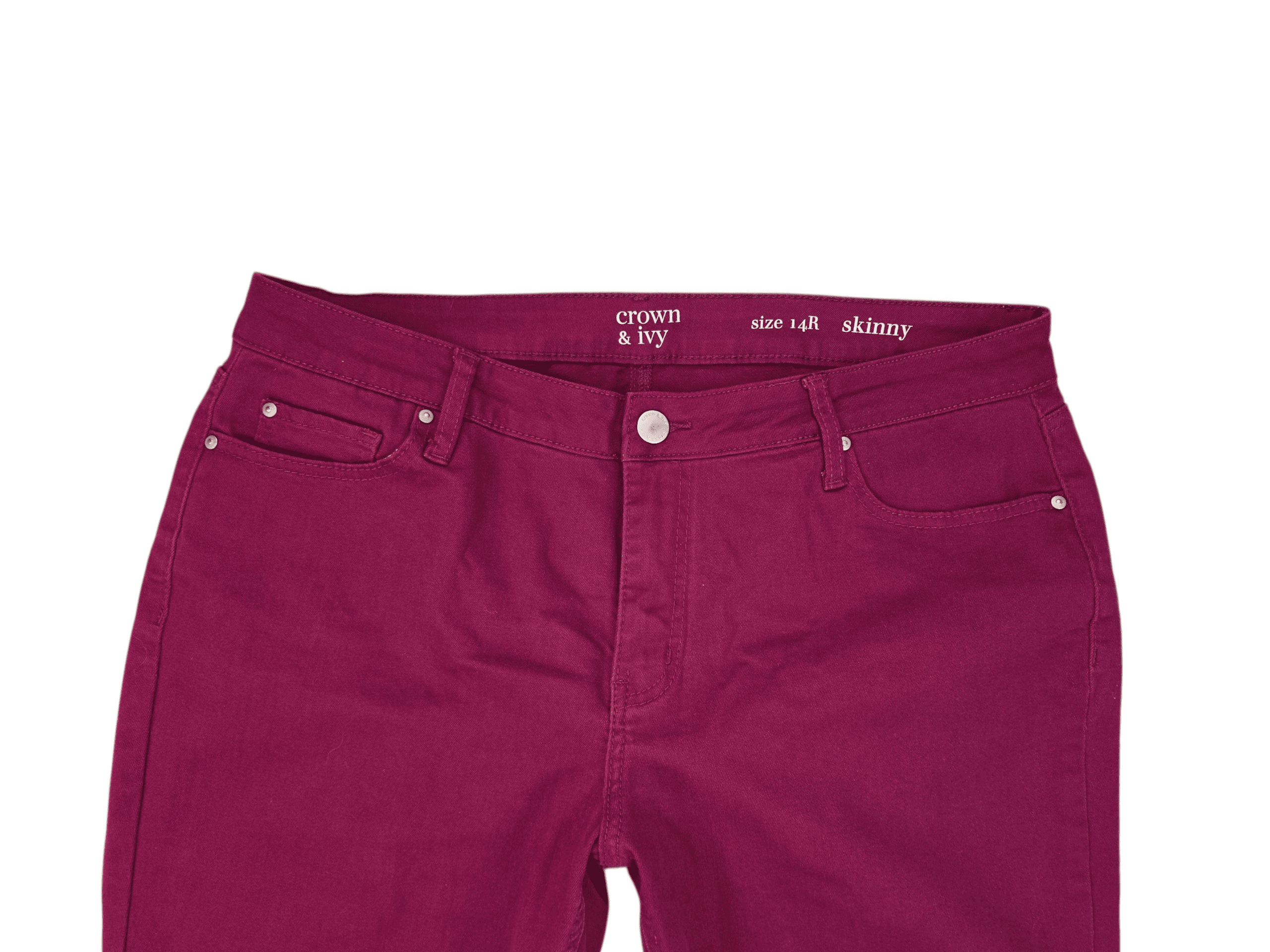 Close-up of twill texture and stitching detail on Crown & Ivy wine-colored skinny jeans women’s size 14 regular