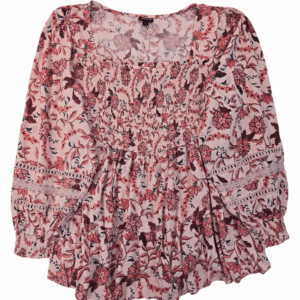 Floral pink and white long-sleeve blouse with ruffled details.