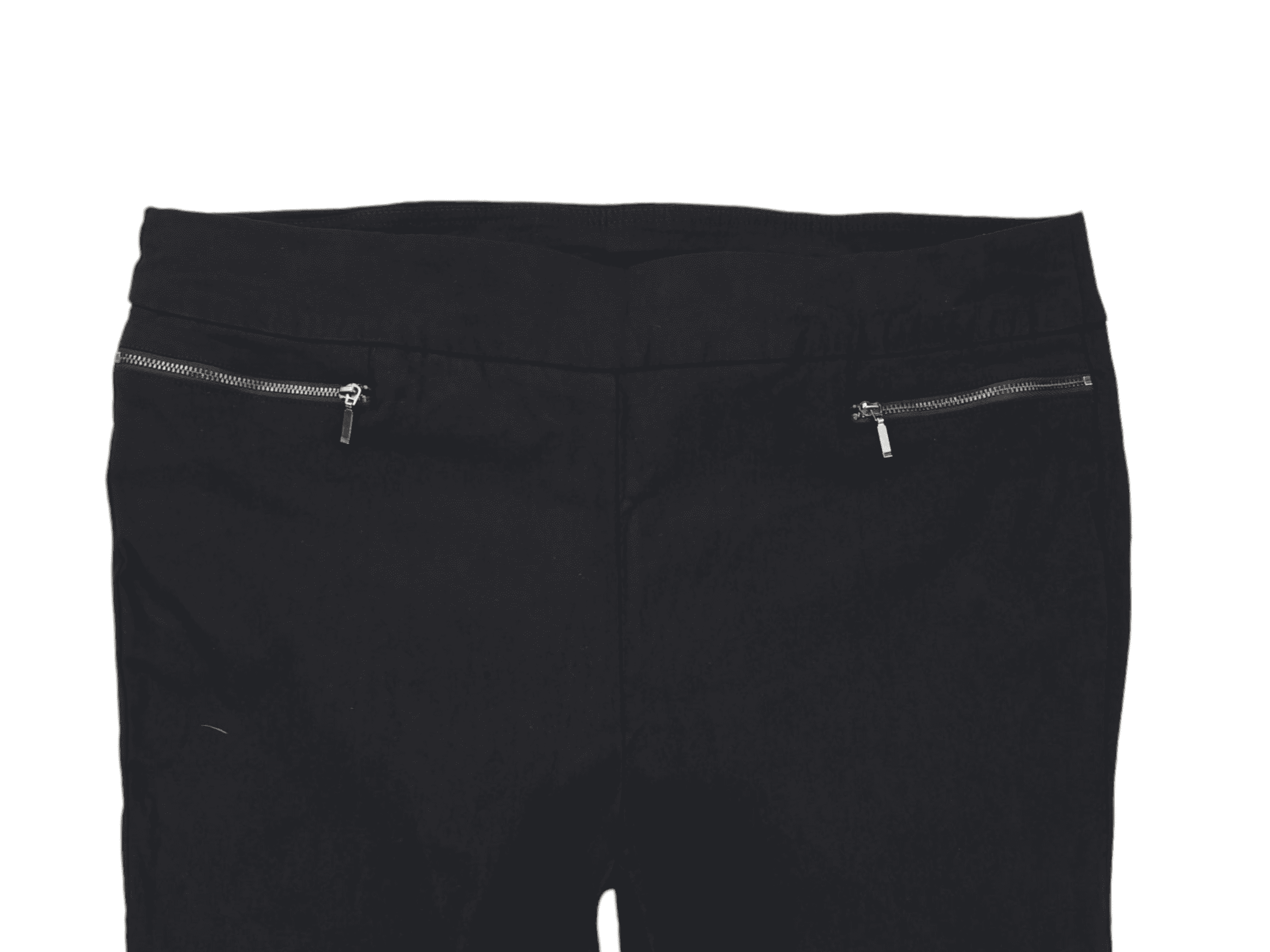 Close-up of Avenue black tummy control pull-on pants showing waistband and fabric texture.