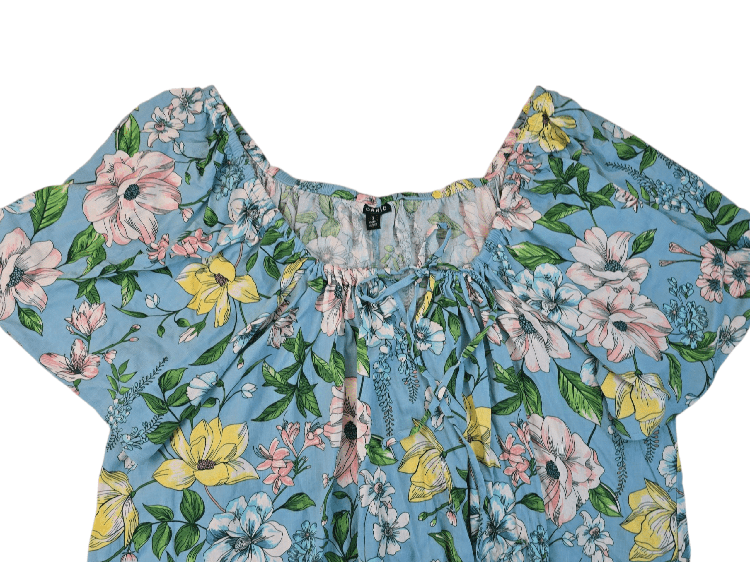 Blue floral summer dress with puff sleeves and elastic neckline.
