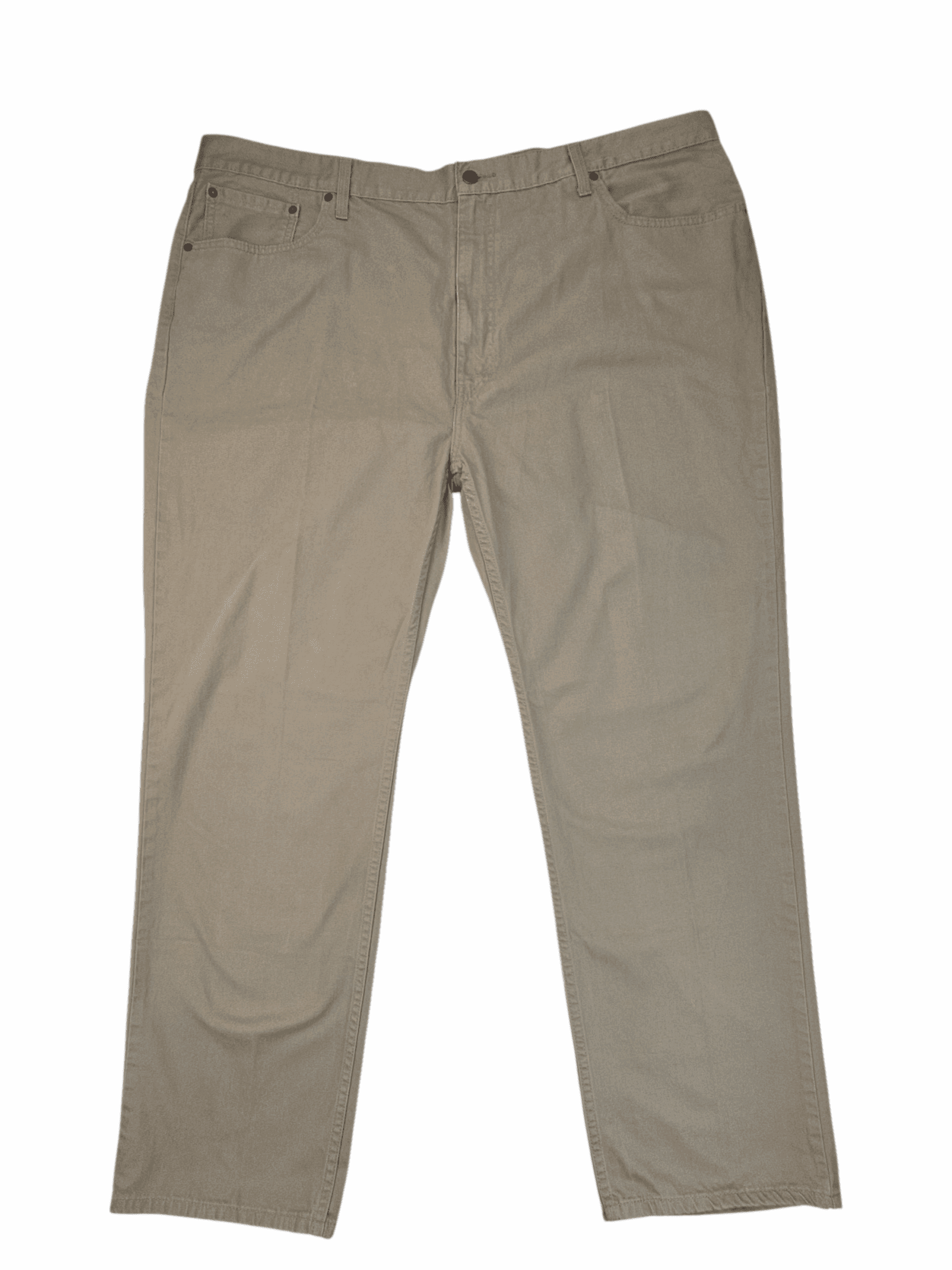 Pair of beige casual pants laid flat on a white background.