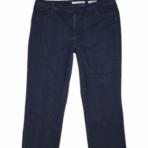 Front view of Jones New York Lexington Straight indigo jeans in women’s plus size 20W Short showing waistband, front pockets, and straight leg design.