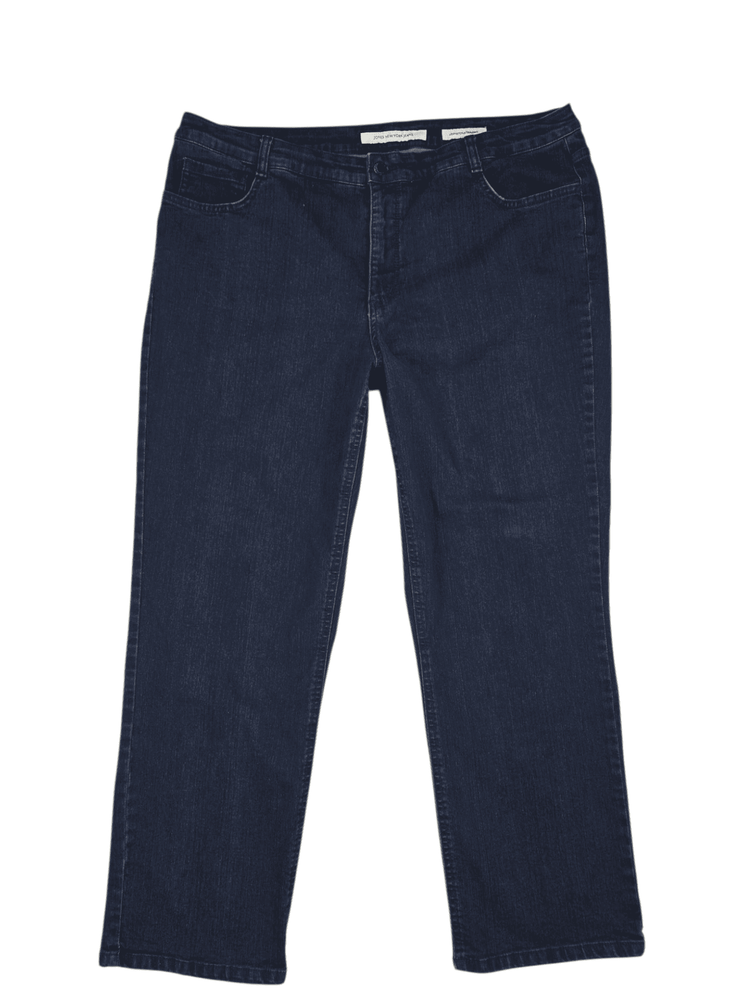 Front view of Jones New York Lexington Straight indigo jeans in women’s plus size 20W Short showing waistband, front pockets, and straight leg design.