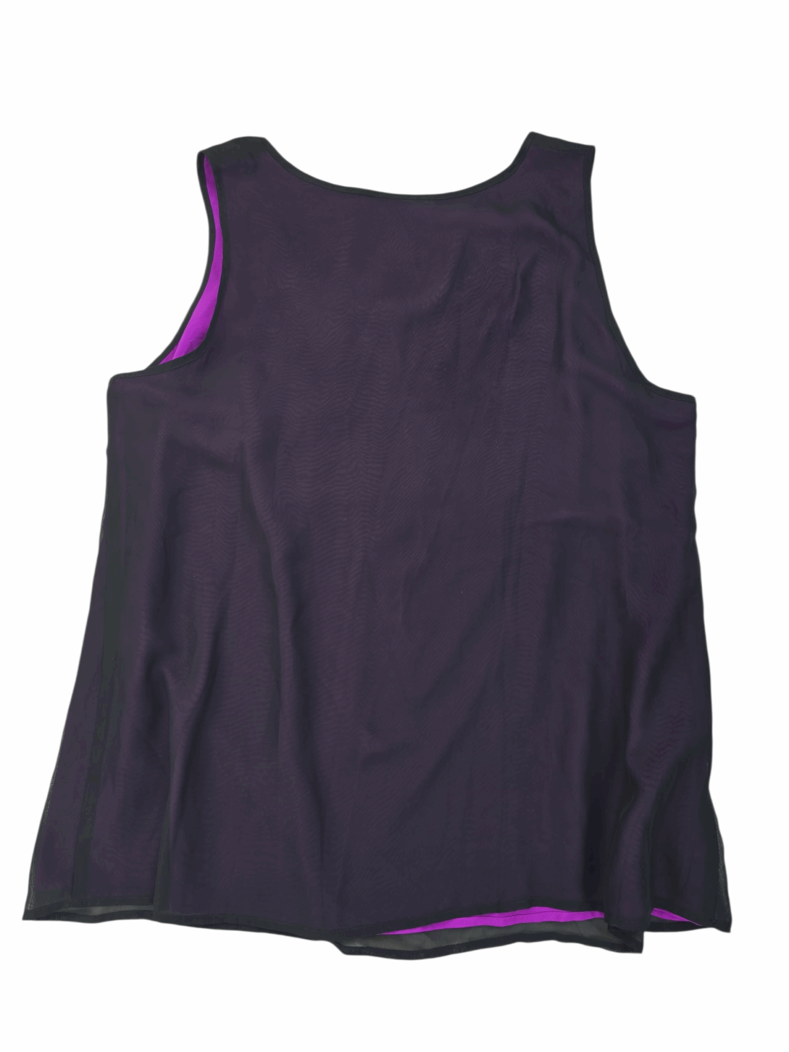 A sleeveless black tank top with purple accents.