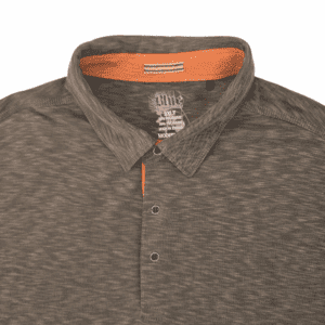 Brown polo shirt with subtle pattern and orange inner collar detail.