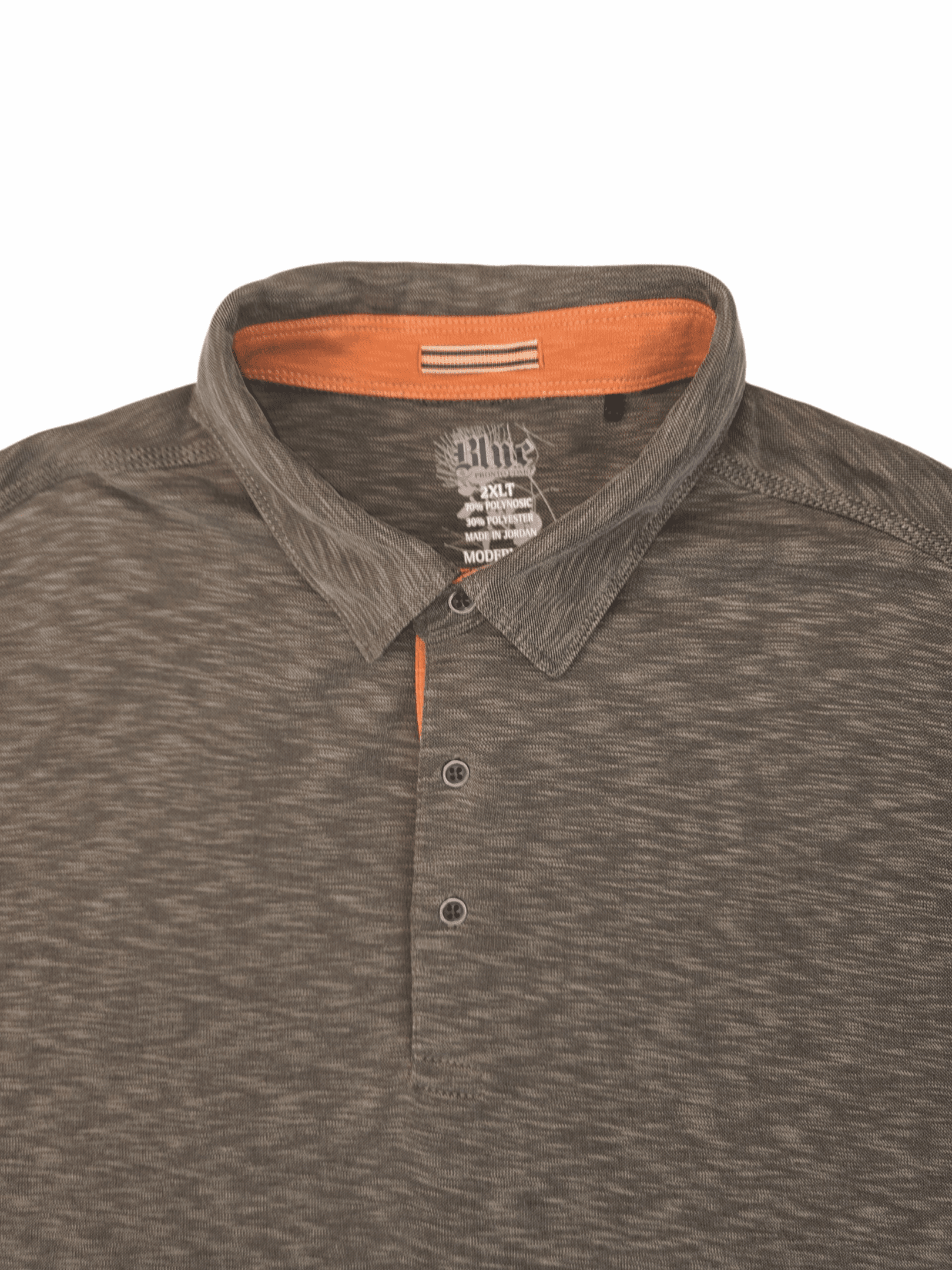 Brown polo shirt with subtle pattern and orange inner collar detail.