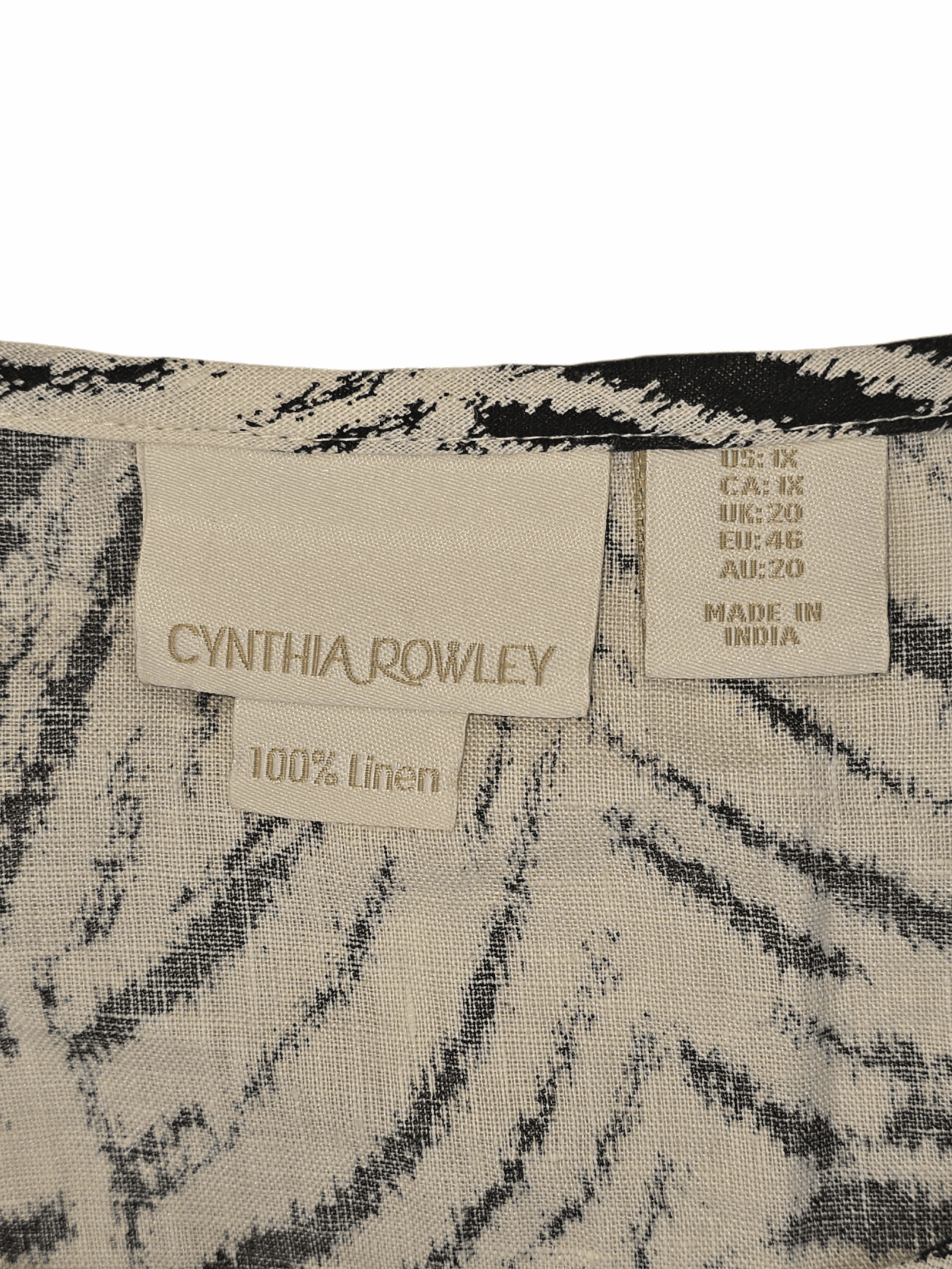 Clothing label showing Cynthia Rowley brand and 100% linen material.