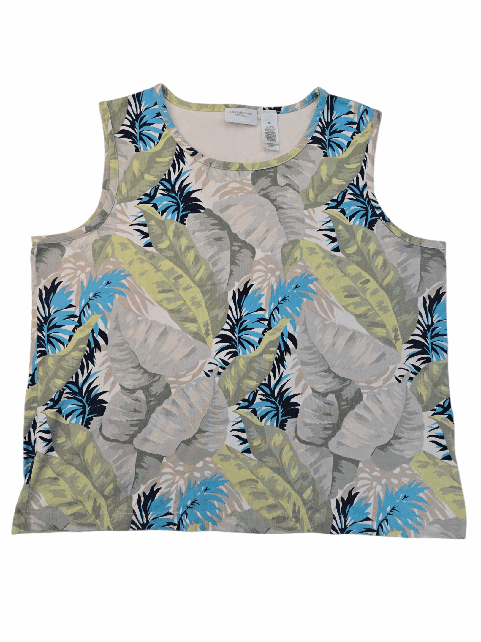 Sleeveless top with colorful tropical leaf print.