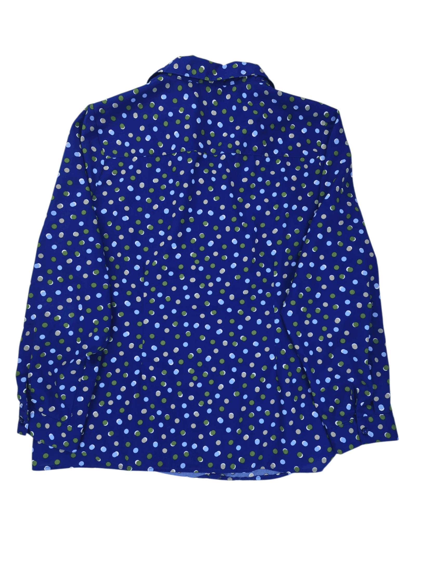 Back view of Kim Rogers blue polka dot V-neck long sleeve top showing continuous dot pattern and curved hemline.