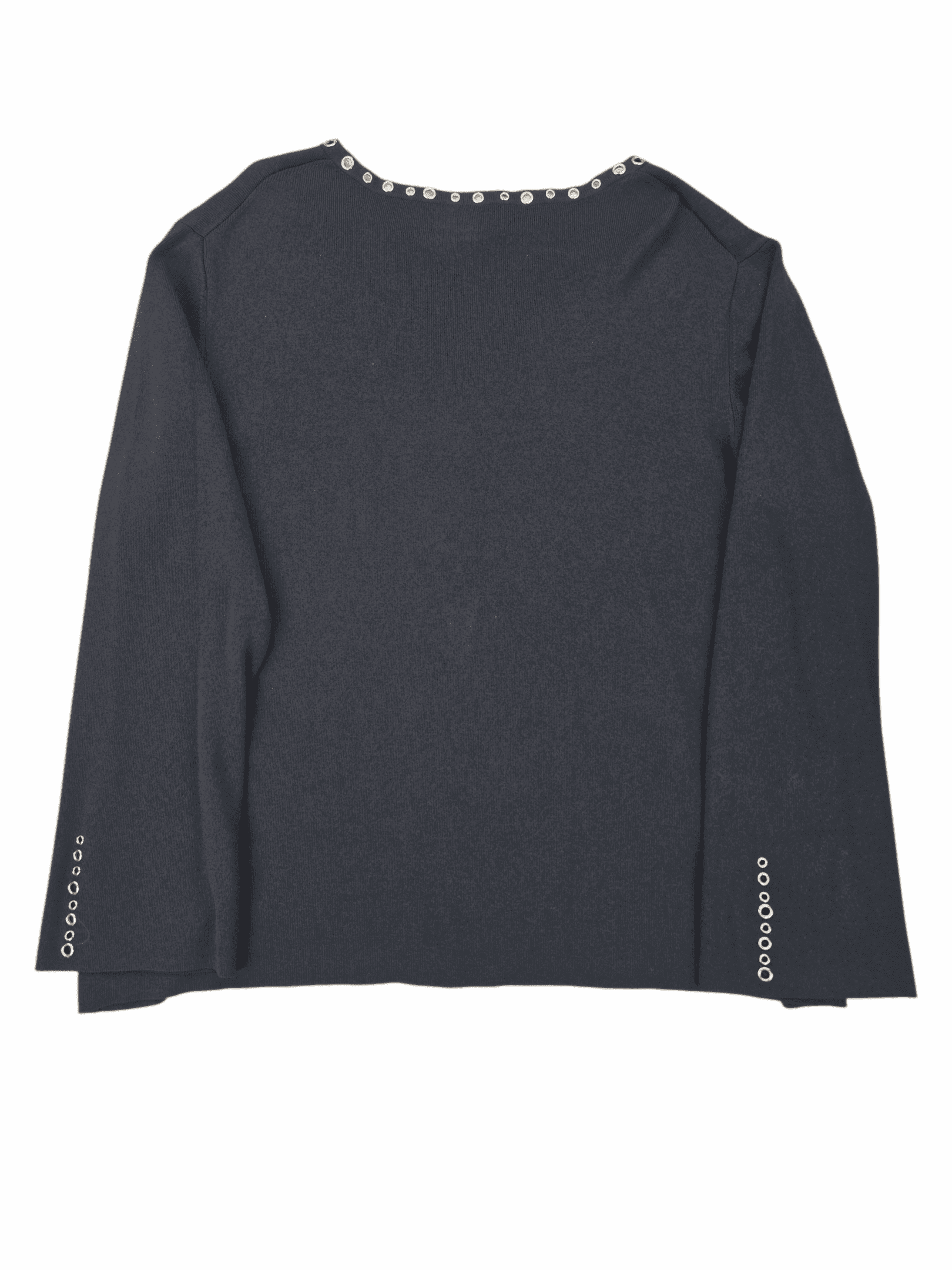 Black long-sleeve shirt with button details on sleeves and neckline.