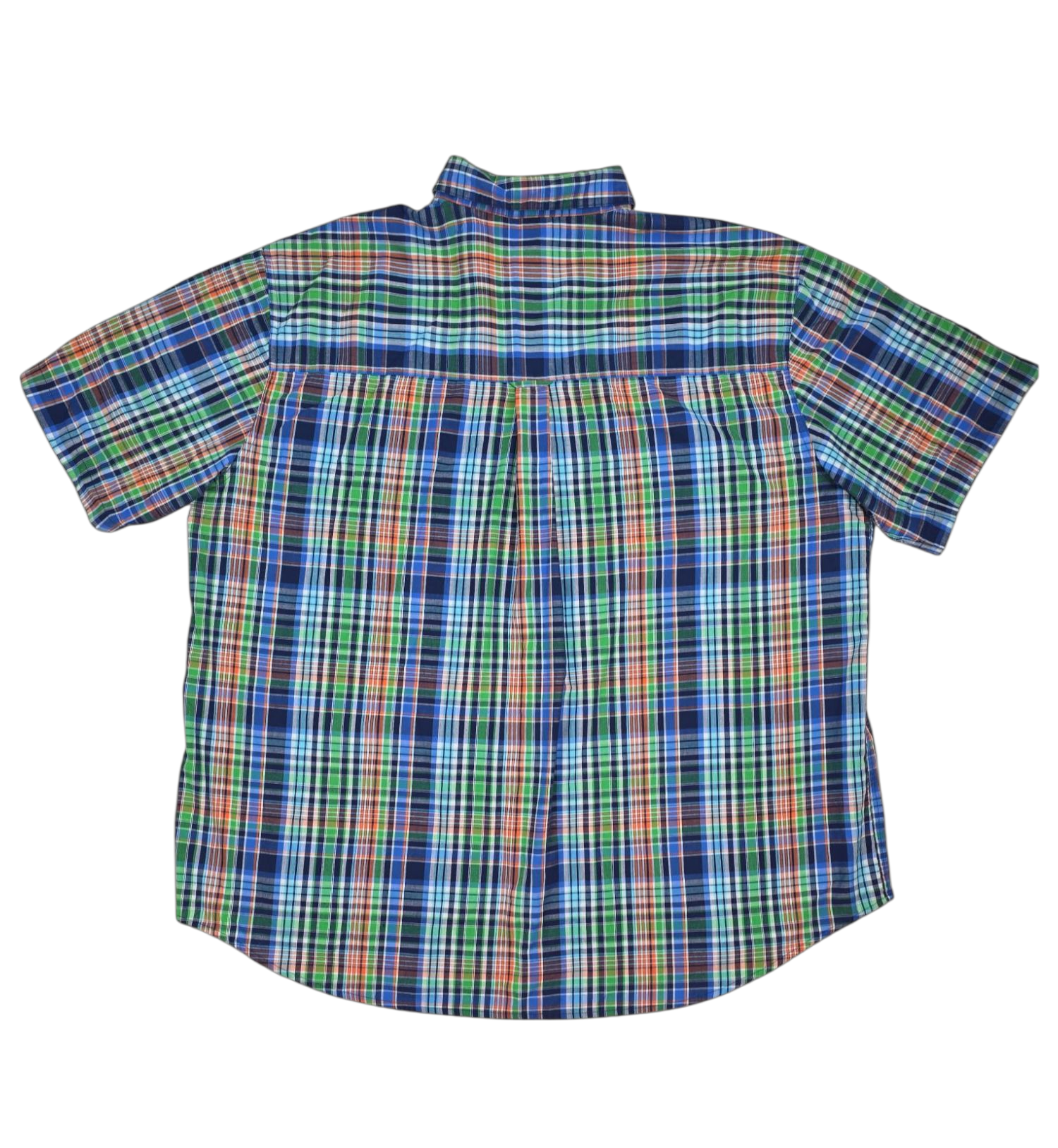 Back view of Chaps Easy Care multicolored short sleeve button-up shirt showing yoke seam and plaid pattern alignment.