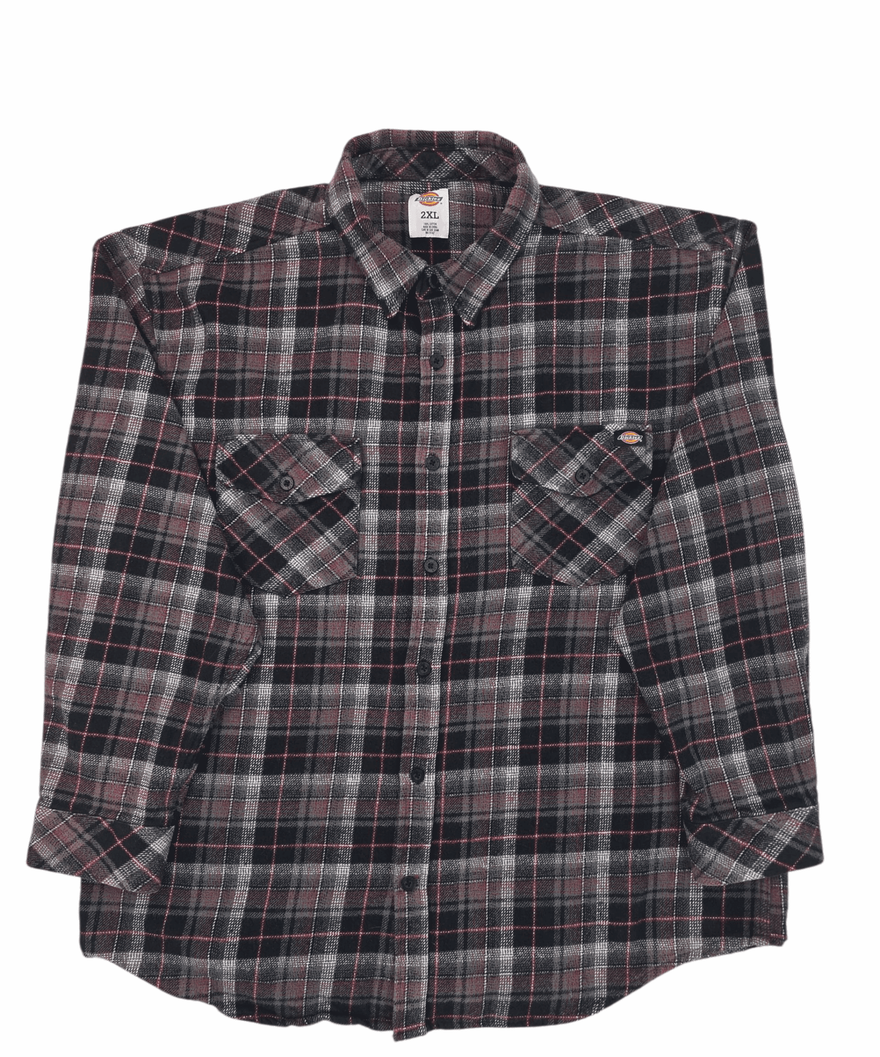 Dickies gray, black, and red plaid heavy-duty flannel shirt men’s size 2XL – front view
