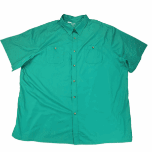 Green short-sleeve button-up shirt with collar.