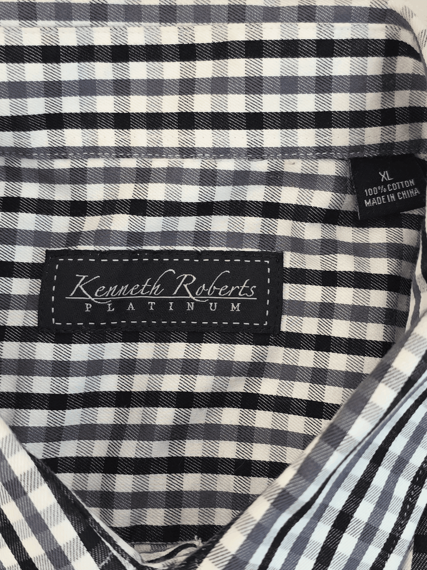 Fabric content tag from Kenneth Roberts Platinum black and white checked long sleeve shirt men’s size XL