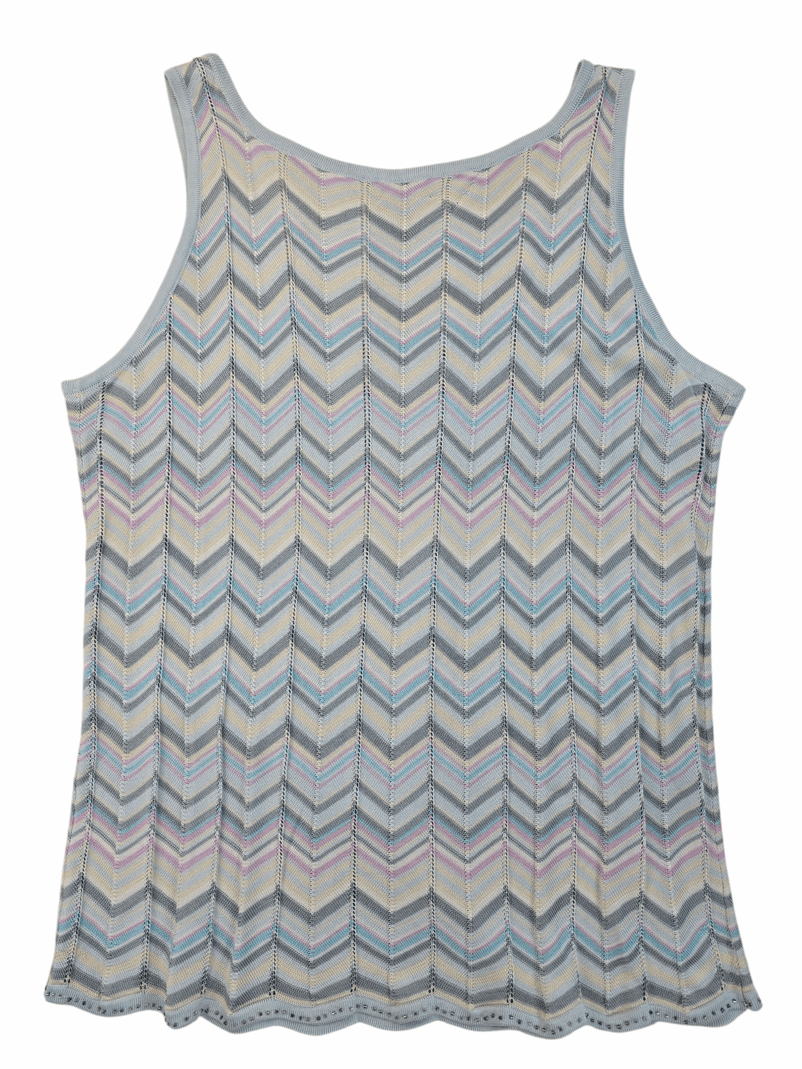 Sleeveless top with pastel chevron pattern in soft colors.