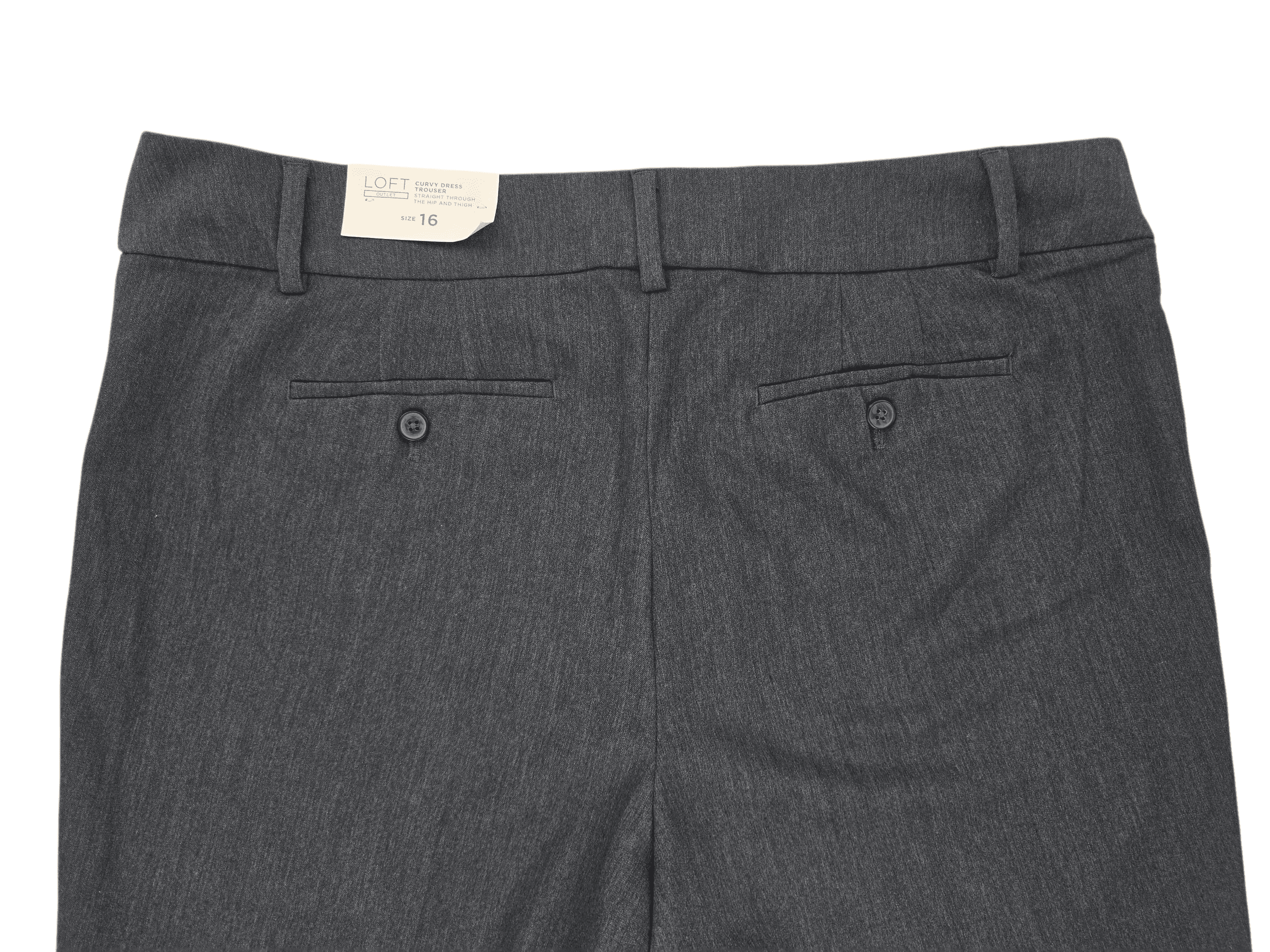 Close-up of NWT LOFT Curvy smokey gray straight leg dress trousers showing waistband, button, and fabric texture.